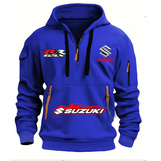 Suzuki brand men's street sports motorcycle hoodie with printed design autumn and winter semi-zipper multi-pocket sweatshirt
