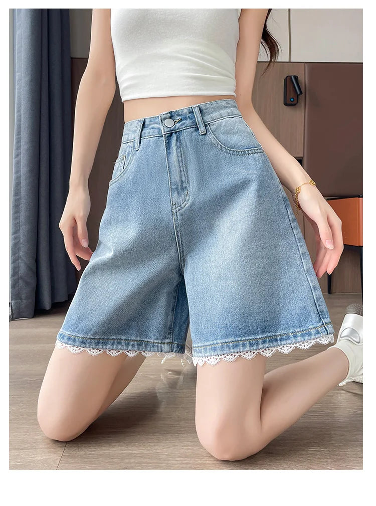 2026 Summer Women's High Waist Denim Shorts, Light Blue Lace Trim. Loose Fit, Slimming & Hide Leg Flaws