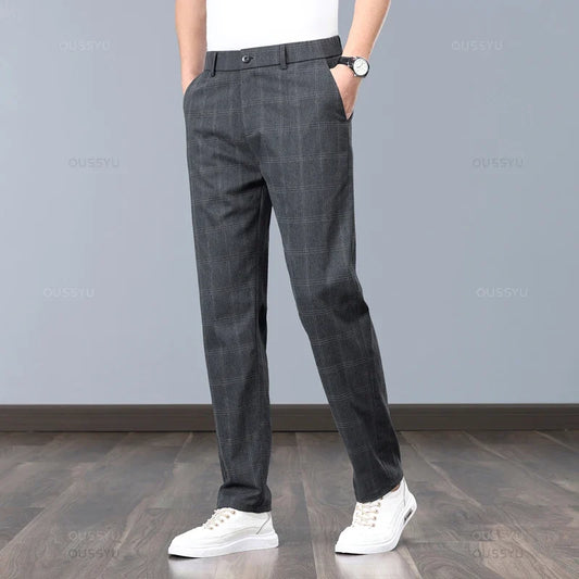 Summer High-Quality Classics Plaid Work Stretch Thin Pants Men Business Fashion Grey Black Party Casual Formal Trousers Male 38