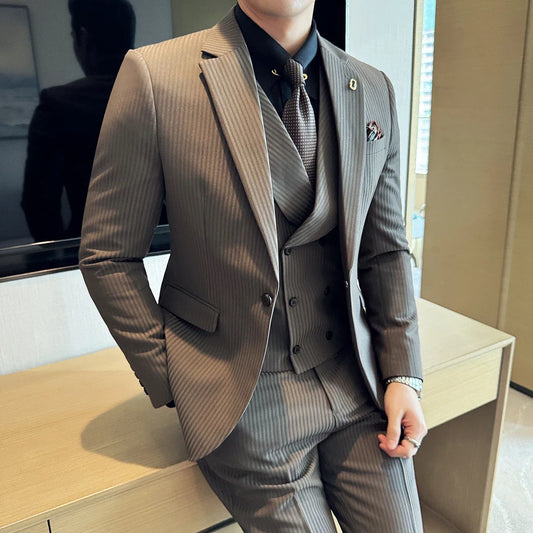 Luxury Stripe Men Suit Korean Version Fashion Elegant Slim Fit Tuxedo Formal Groom Wedding Social Suits