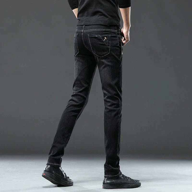 New Men Slim Korean Button Jeans Black Skinny Solid Color Stretch Multi-button Youth Male Denim Pants Streetwear