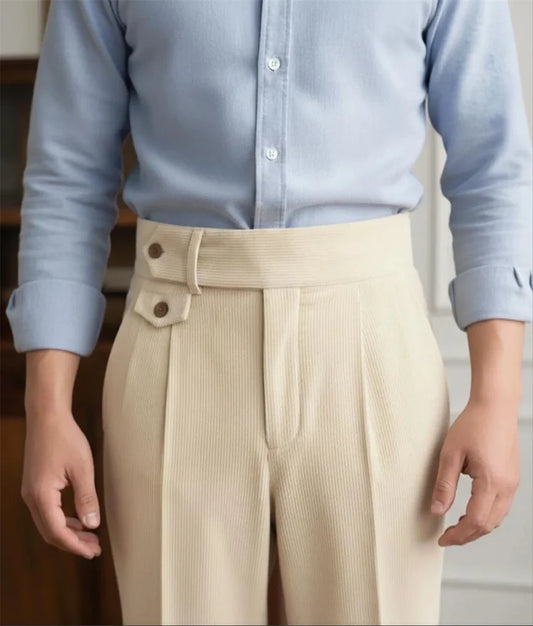 Men's Pants Cream Corduroy Pleated Trousers High Waist Vintage Style Fitting Business Naples Casual Pants