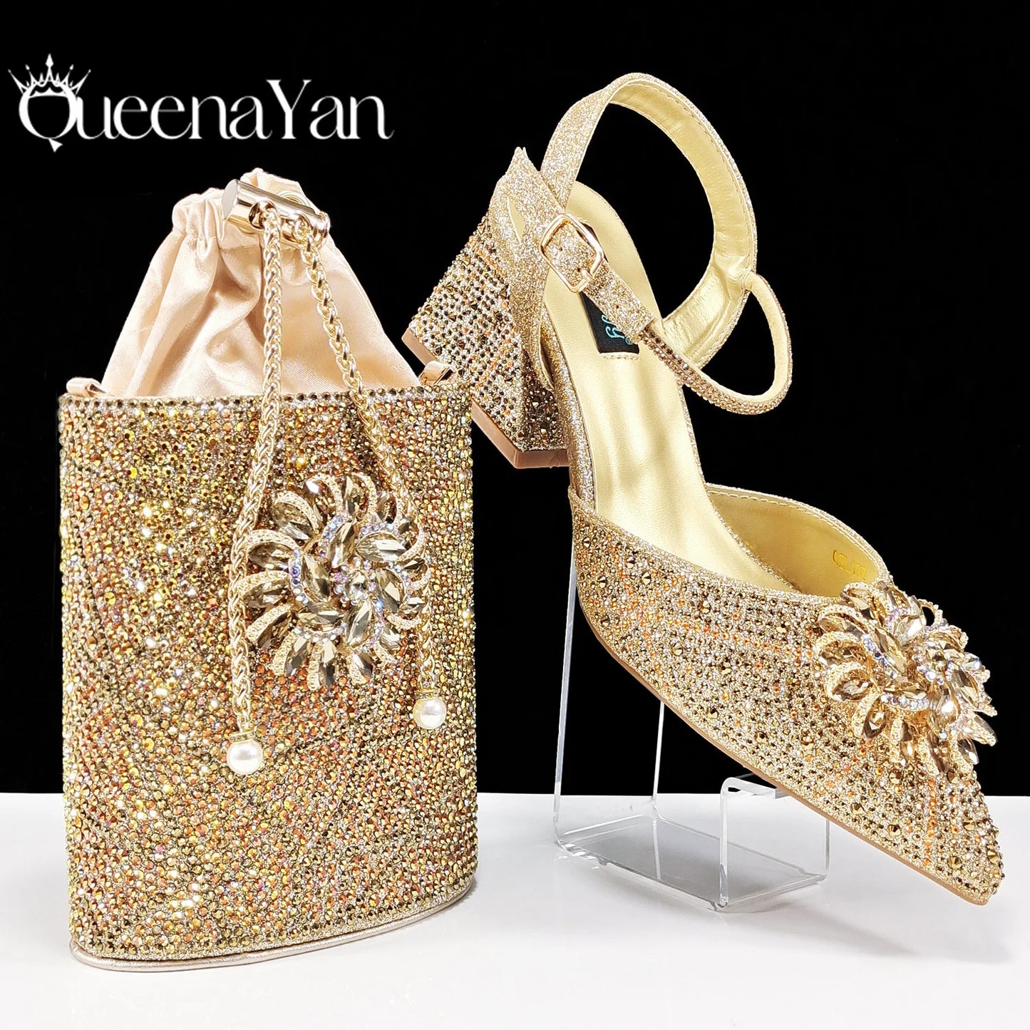 New Style Evening Shoes and Bag Set Comfortable Thick Heel Shoes With Oval Stand Bag Comes with Metal Double Chain
