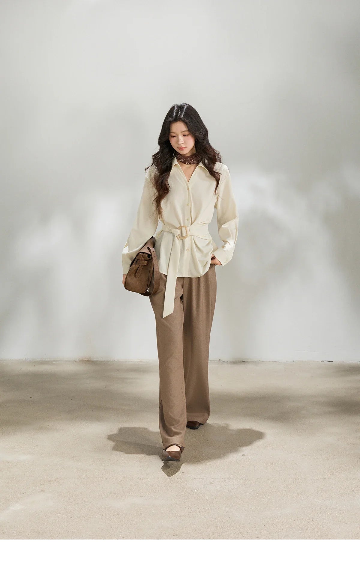 Women's Lapel Collar Long Sleeve Shirt 2026 Spring with Belted Waist Casual Loose Soft Beige Shirt Office Lady MXF13C2452