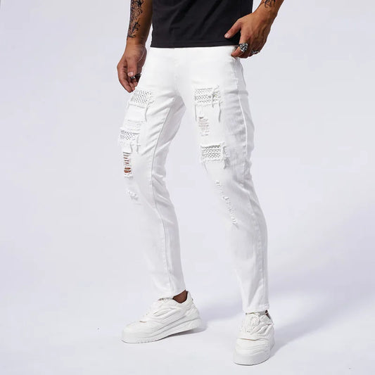 White Jeans Men's Cotton Skinny Elastic Ripped Hole Fashion Korean Denim Pants Rock Slim Trousers Hip-hop Streetwear