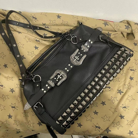 Spice Girl Carved Leather Buckle Bag Large Capacity PU Fashion Rivet Cool Handbags Oblique Straddle Portable Punk Tote Bags
