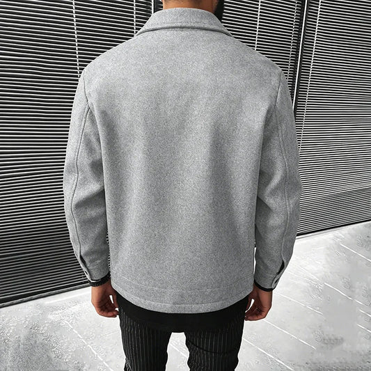 Men's Polyester Brushed Jacket, Lapel Button/Zipper Coat with Pocket, Comfortable Casual Autumn Winter Office Business Wear