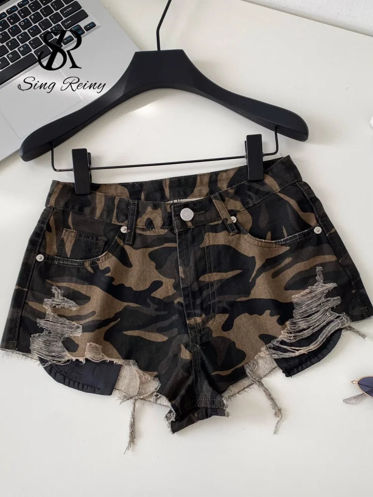 American Retro Camouflage Mini Shorts 2026 Ladies Hollow Out Slim Beach Pants Hot Girl Sexy Print Denim Shorts