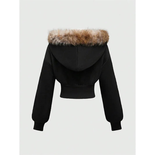 Winter Warm Gothic Print Hoodie Women's Clothin Faux Fur Crop Top Zip-Up Sweatshirt Fashion Y2K Streetwear Hooded Jacket 2026New