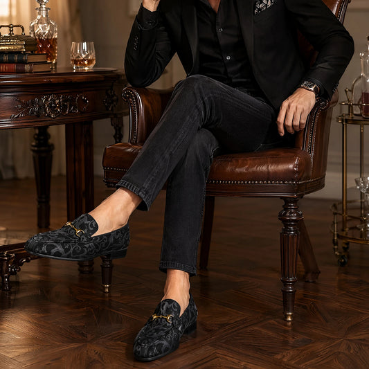 Retro Style High-End Custom-Made Baroque Jacquard Velvet Men's Loafers With Horsebit Buckle Slip-On Smoking Shoes
