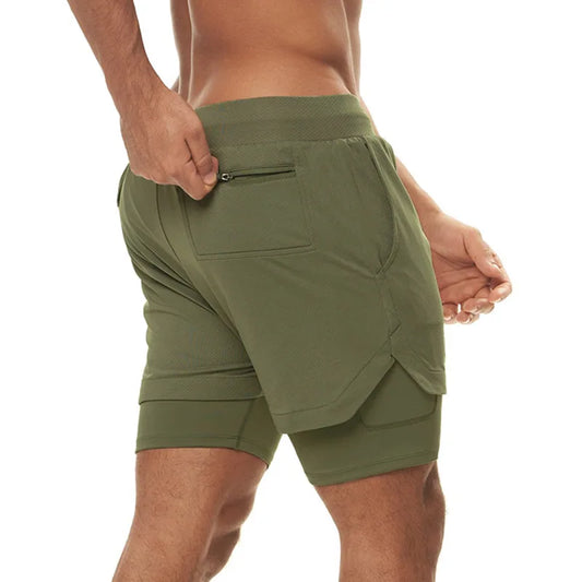 Men's 2 in 1 Double-deck Gym Shorts Quick Dry Summer Running Workout Shorts Zipper Pockets Slim Fit Fitness Training Short Pants