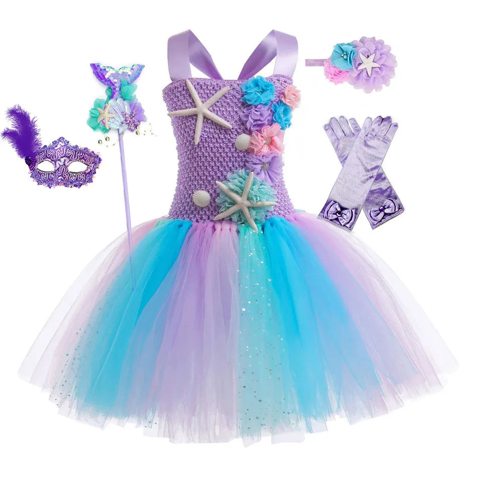 1-12Y Cute Mermaid Tutu Dress with Coral Starfish Appliques Off Shoulder Fancy Princess Frock Toddler Birthday Party Puffy Gown