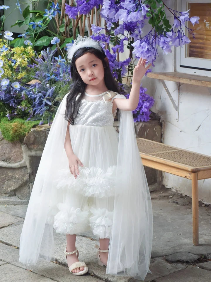 Sweet Baby Girls 2026 Summer New High-end Tulle Sequin Formal Princess Gown Kids Performance White Tulle Birthday Party Dress