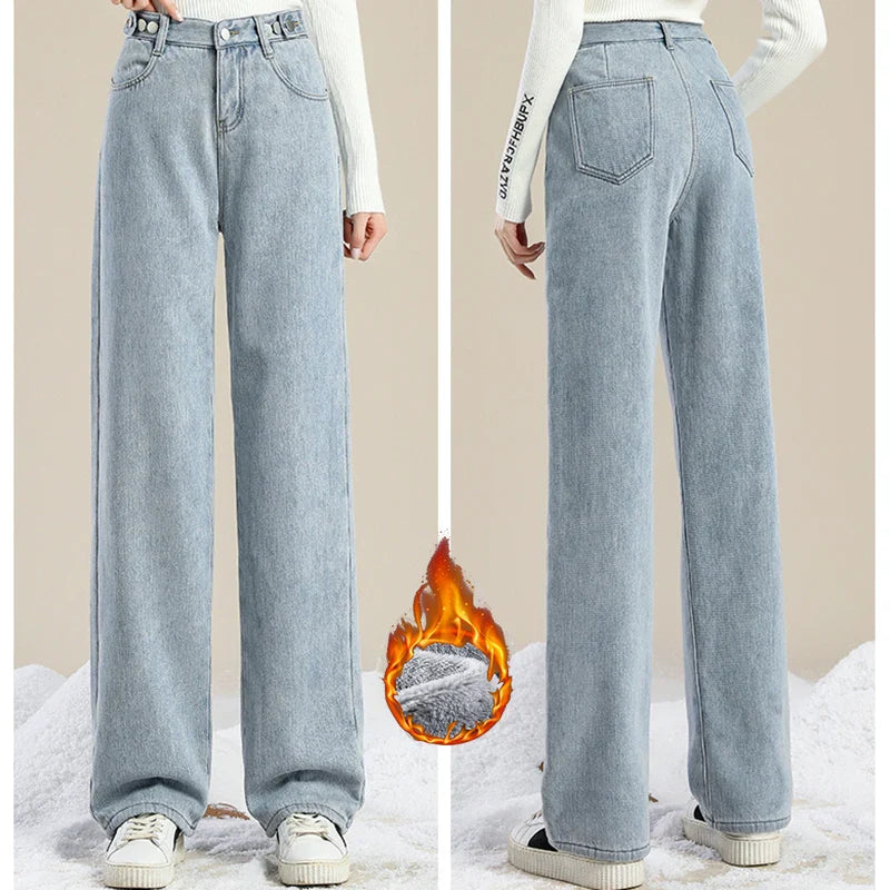 Woman High Waist Streetwear Thicken Jeans Female Fashion Baggy Pants Lady Black Grey Light Blue Blue Punk Thermal Denim Trousers