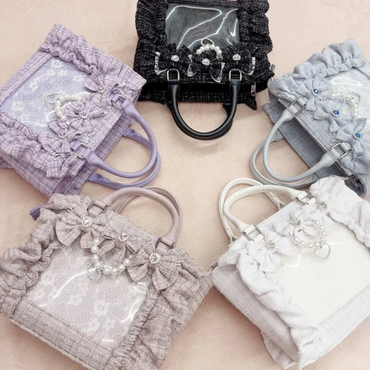 Japanese Sle Lace Trim Painful Bag Small Fraance Sle Handbag Single oulder Satchel Embellied with Button And Pleate...
