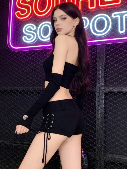 Women's Black Gothic Denim Shorts Vintage Aesthetic Korean Low Waist Jean Shorts Harajuku Y2k Cowboy Short Pants Clothes Summer