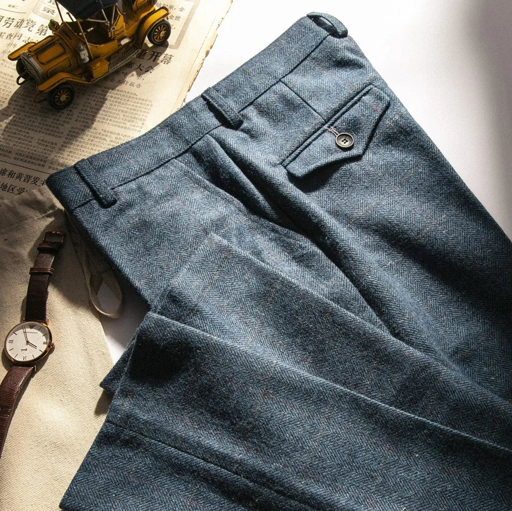 Retro British Wool Herringbone Casual Pants for Men, Thick Loose Plaid Pants for Autumn and Winter, Large Size Woolen Pants