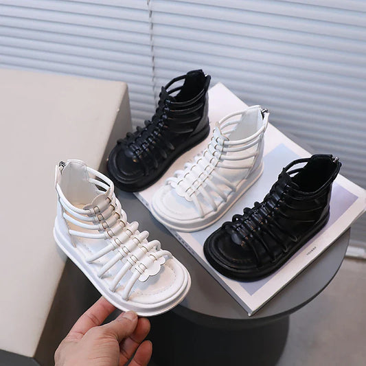 Girl's Sandals Gladiator Style Hollow-out Ankle-high Chunky Kids Summer Shoes White Black Zipper Chic Children Sliders 21-36