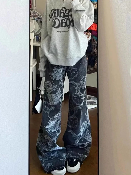Y2K Baggy Dragon Print Denim Trouser Women's Washed Vintage Casual Emo Pants Grunge Street Retro High Waist Loong Trashy Jeans