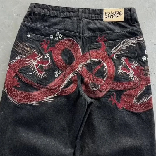 Y2K Harajuku Jeans new Dragon Embroidery high quality jeans 2000s Gothic Vintage Hip Hop streetwear denim fabric wide leg pants