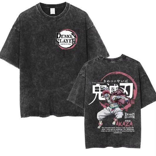 Japanese Anime Demon Slayer Akaza Graphic Washed T-shirts Women’s Men's Clothing Harajuku Y2K Oversized Cotton Half-sleeve Tops
