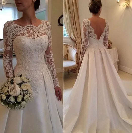 Elegant Backless Wedding Dress 2020 Vintage robe de mariée Lace Satin Long Sleeve Bride Dresses 2022 Custom Made Robe De Mariee