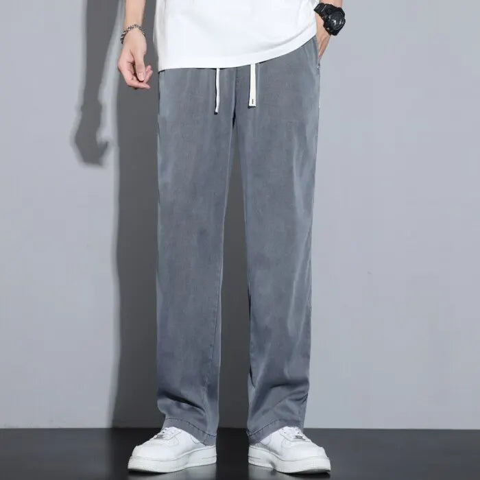Summer Soft Lyocell Fabric Men's Jeans Thin Loose Straight Pants Drawstring Elastic Waist Korea Casual Trousers Plus Size M-5XL