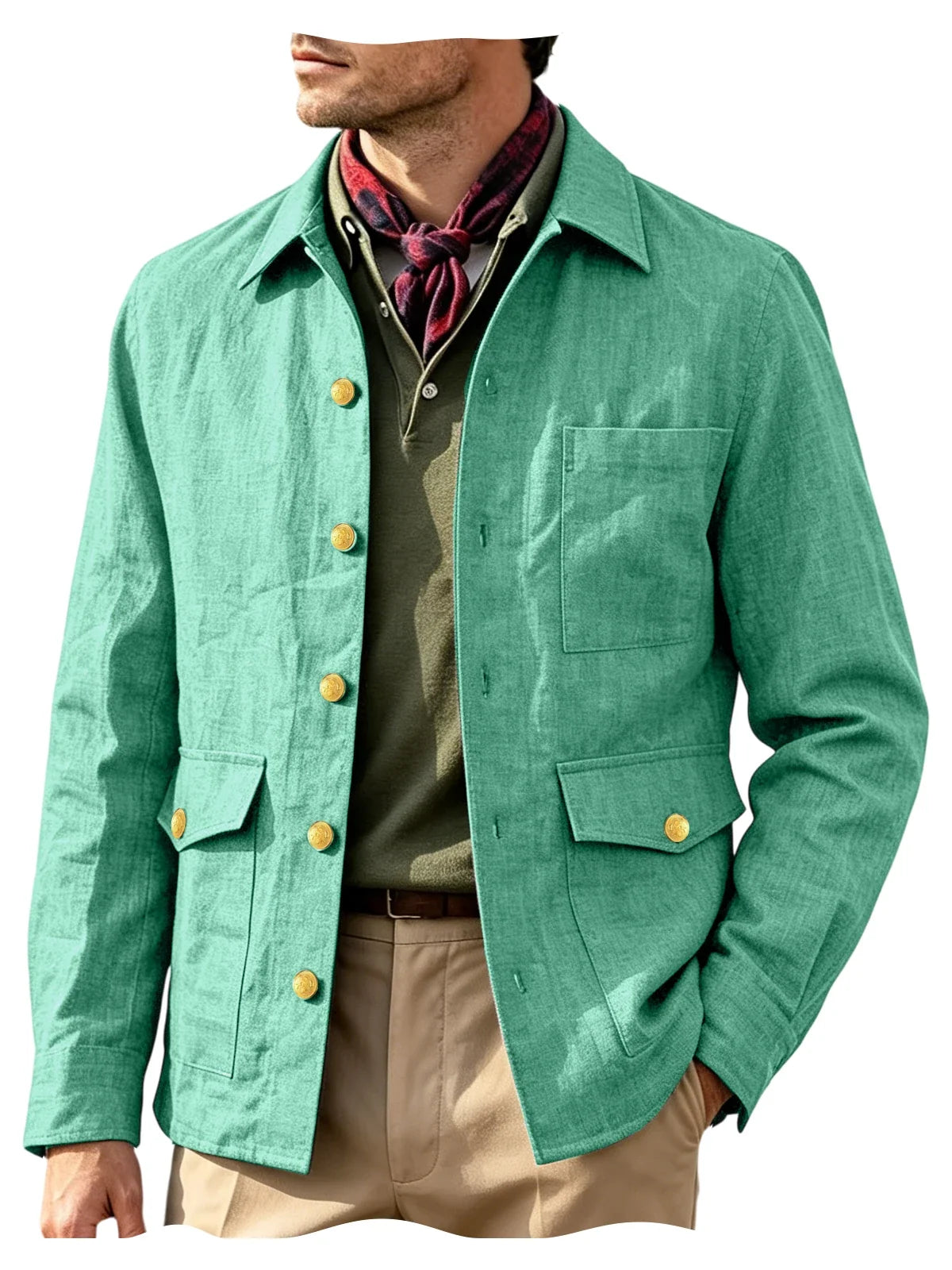 Vintage Men's Linen Jacket Lapel Collar Gold Button Casual Slim Fit Coat Lightweight Breathable for Formal Daily Office Wear