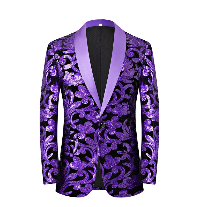 2024 New Flat Velvet Large Flower Sequin Jacquard Mens Blazer, Purple Stage Performance Suit Dress, Host Fashion Show Jacket