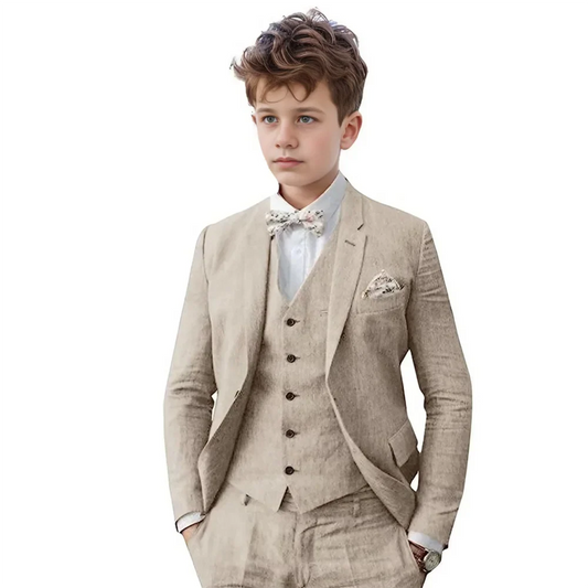 Breathable Linen Boys Suit Set 3 Pieces For Wedding Party,Notched Lapel Kids Suits Piano Performance Outfit Toddler 3-16Y