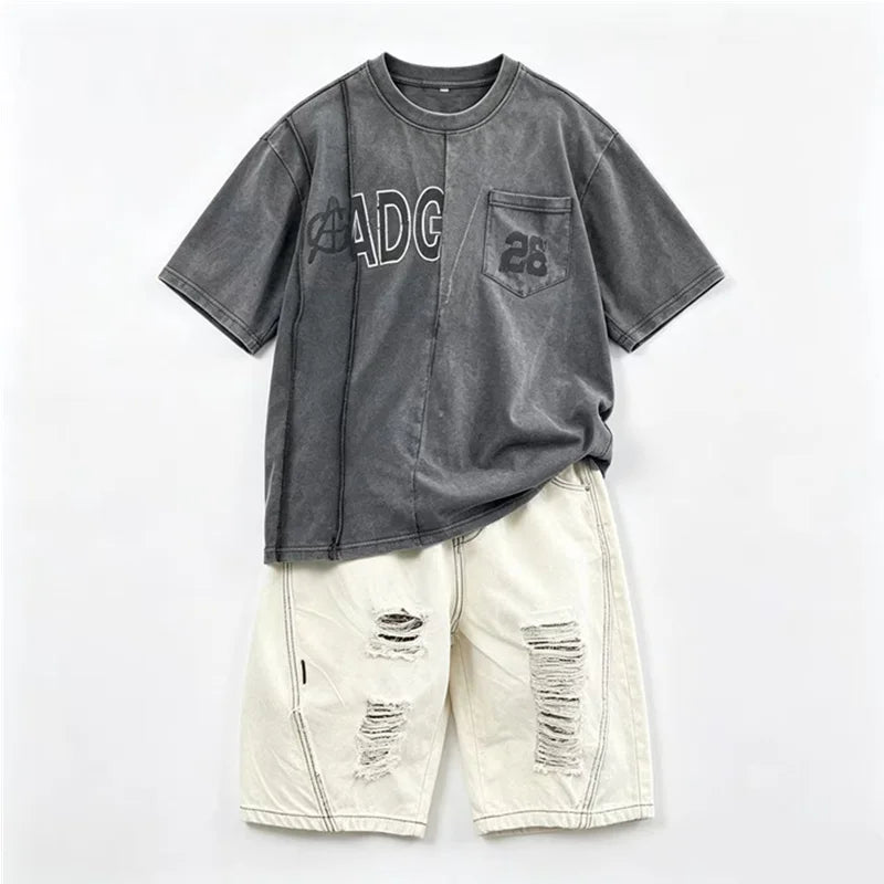 Cool Style Teenager Summer Set T-shirt And Ripped Denim Shorts Clothing Set for Kids Boy Age 7 To 14 Years Children Clothes Suit
