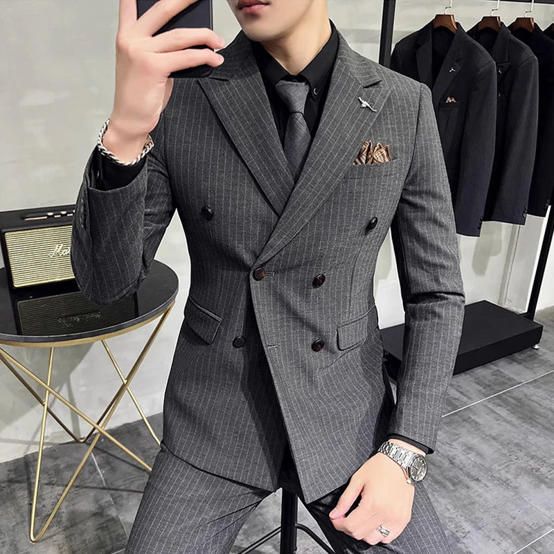 M-7XL ( Blazer + Pants ) Luxury Classic Striped Men's Official Office Casual Business Double -breasted Suit Groom Wedding Gown