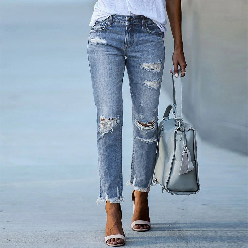Fashion Broken Holes Tassel Straight Jeans Women's Mid-waist Button Splicing Denim Pants Ladies Trend Streetwear Casual Trousers