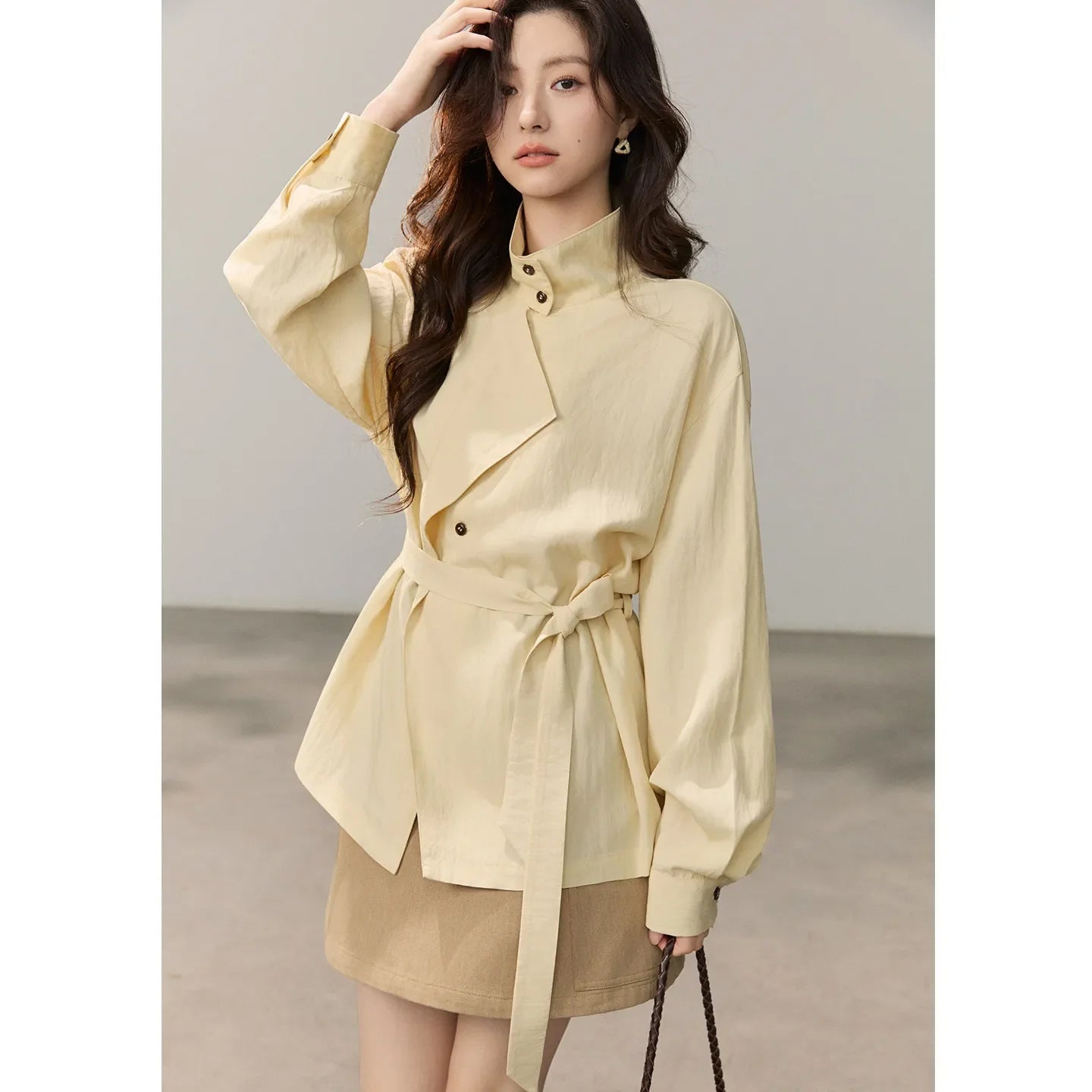 Women's Stand Collar Long Sleeve Shirts Spring Belted Waist Asymmetric Button Tops Casual Loose Solid Shirt MXF13C2459