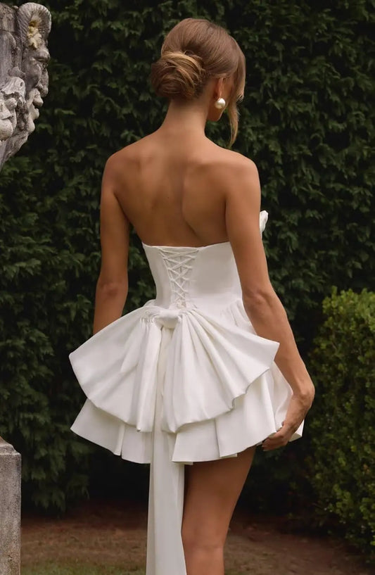 2025 Satin Strapless Back To School Dress with A Large Bow At The Back, Mini Skirt for Teenagers Cocktail Dress Short DanceDress