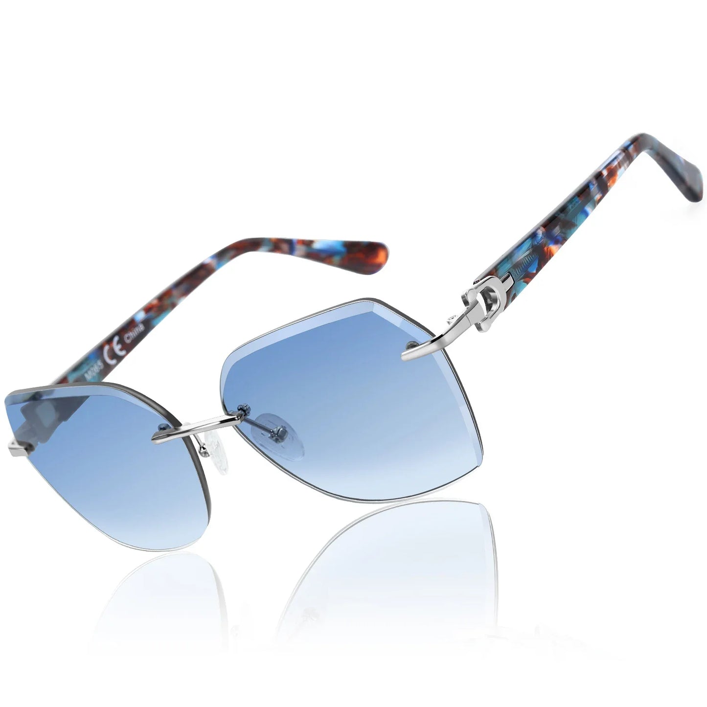 Fashion Women Rimless Sunglasses for Ladies Trendy Geometric Diamond Cutting Gradient Lens UV Protection Shades