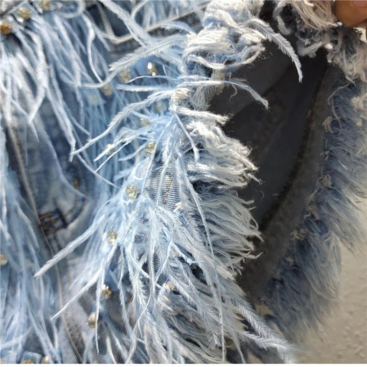 Summer Street Hot Girls Short Jeans Female Chic Feather Diamond Denim Shorts Women Retro Washed Hot Pants Sexy Night Club Shorts