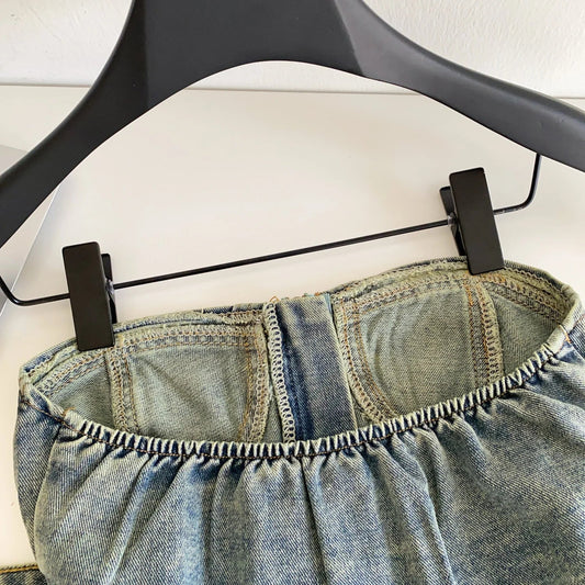Vintage Denim Strapless Camis Backless Irregular Raw Hem Slim Distressed Crop Top Ladies Sashes Sexy Club Lingerie Top