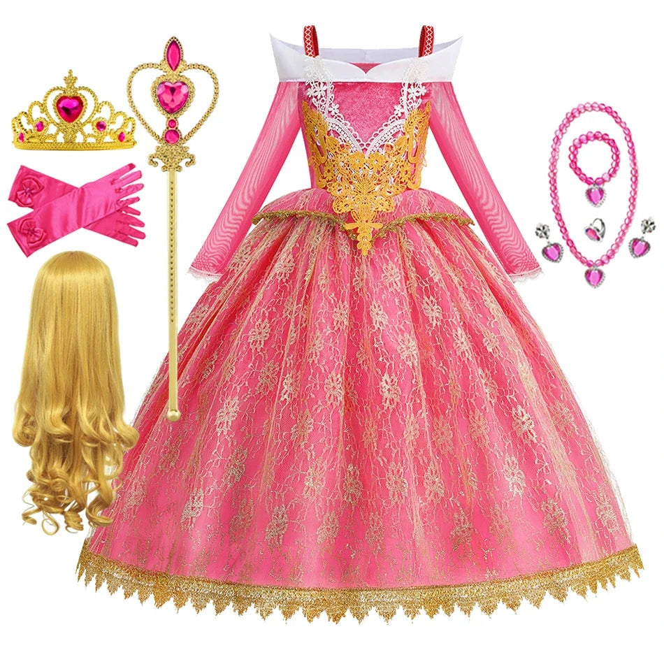 Girls Princess Costume Aurora Vestidos Cosplay Dress Girls Halloween Carnival Birthday Outfit Party Ball Gown