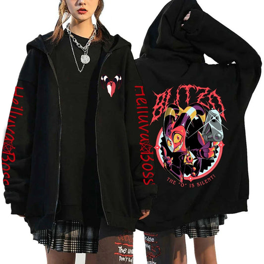 Helluva Boss Print Hooded Zipper Men Women Casual Fashion Fall Winter Warm Vintage Long Sleeve Tops Fleece Zip-Up Sweatshirts