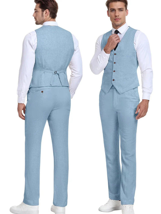High-End Retro Linen Men Suit Beach Wedding Suit Summer Slim Fit 3 Pieces Light Weight Linen Suit Jacket Vest Pant
