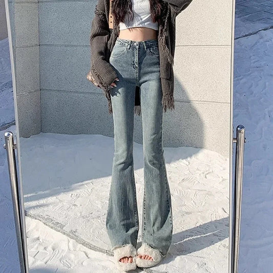 2024 Woman High Waist Vintage Flare Jeans Female Gothic Elastic Bell Bottom Pants Lady Streetwear Blue Black Grey Denim Trousers