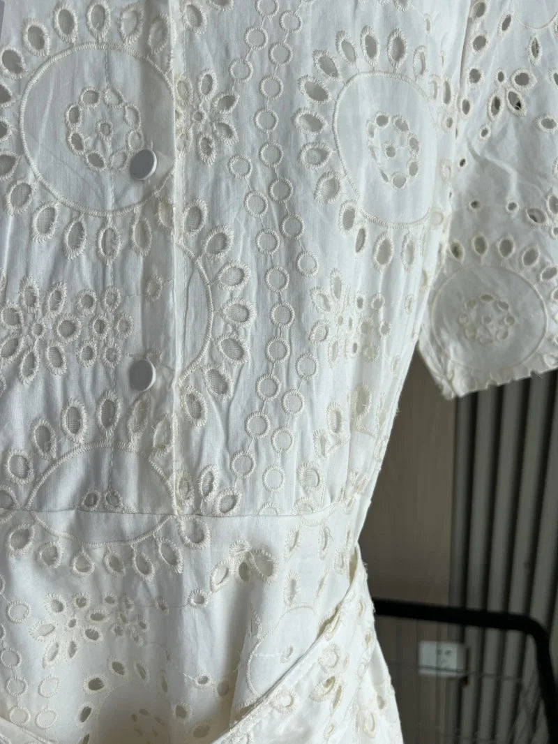 2025 new women's elegant fashion hollow embroidery cotton shirt lapel short-sleeved dress temperament long skirt