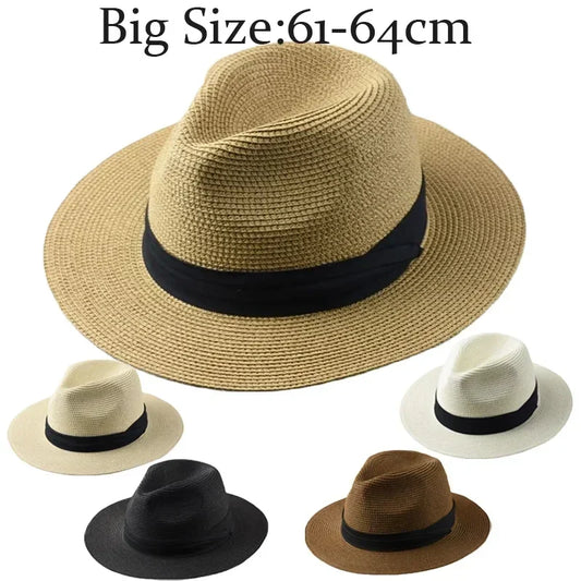 Unisex Panama Straw Hat Wide Brim Summer Beach Sun Protection Fedora Style - Sizes 55-57/58-60/61-64cm (Large/Plus)"