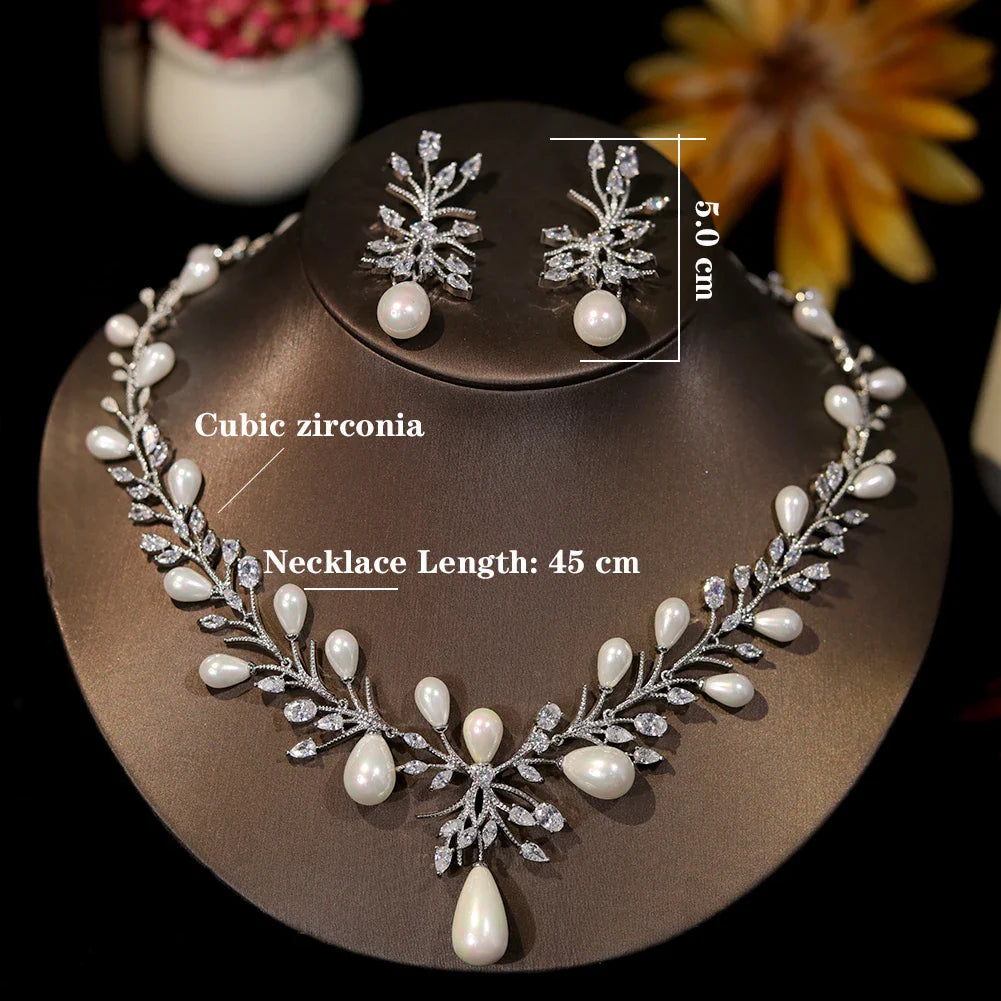Luxury White Cubic Zirconia Big Pearl Necklace and Earrings Wedding Bridal Party Jewelry Sets for Women Envio Gratis Todo X0470