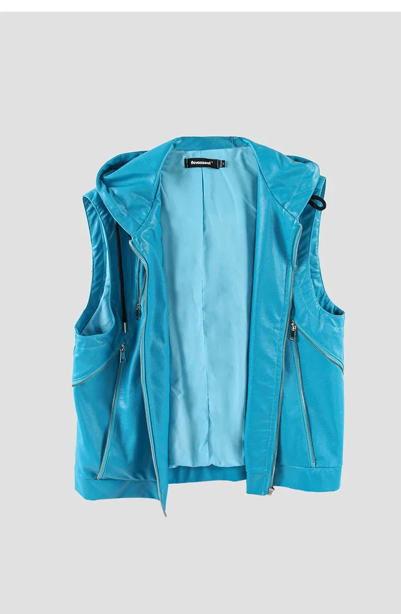 Spring Autumn Luxury Elegant Cool Black Pu Leather Vest for Men with Hood Zipper Sleeveless Jacket Men Clothing 2023