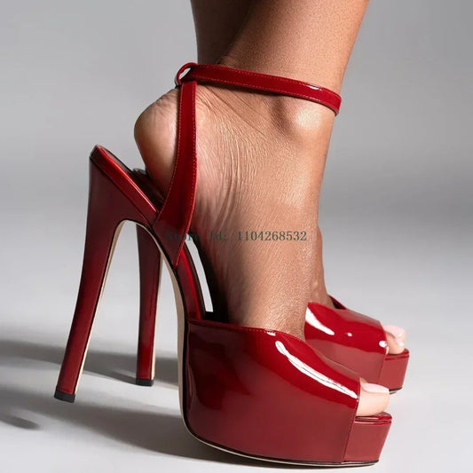Red Patent Leather Platform High Heels Stiletto Ankle Buckle Strap Solid New Arrivals Fashion Slingback Buckle Strap Shoes