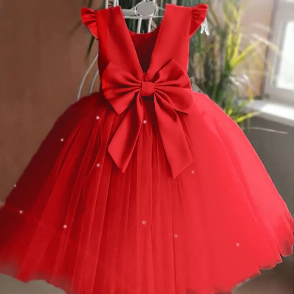 Fashion Red Pink Children's Bow Princess Dress Big Bow Backless Girls Puffy Dress Tulle Flower Girl Dress Wedding Gown