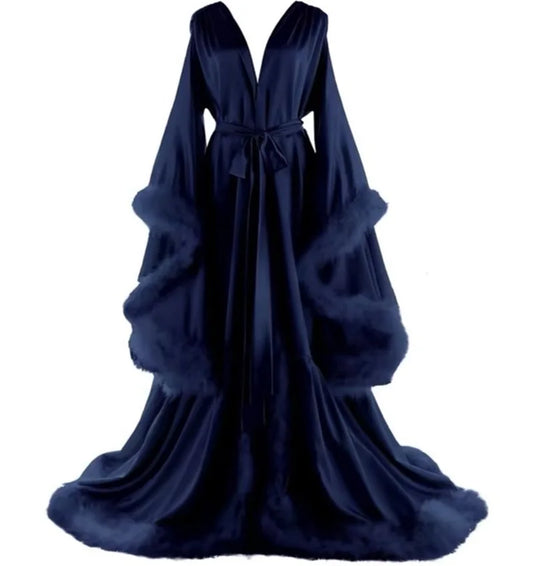 Feather Satin Women Prom Dress Sexy V Neck Full Sleeves Satin Wedding Sleepwear Evening Gown Customized Formal Bridal Robe
