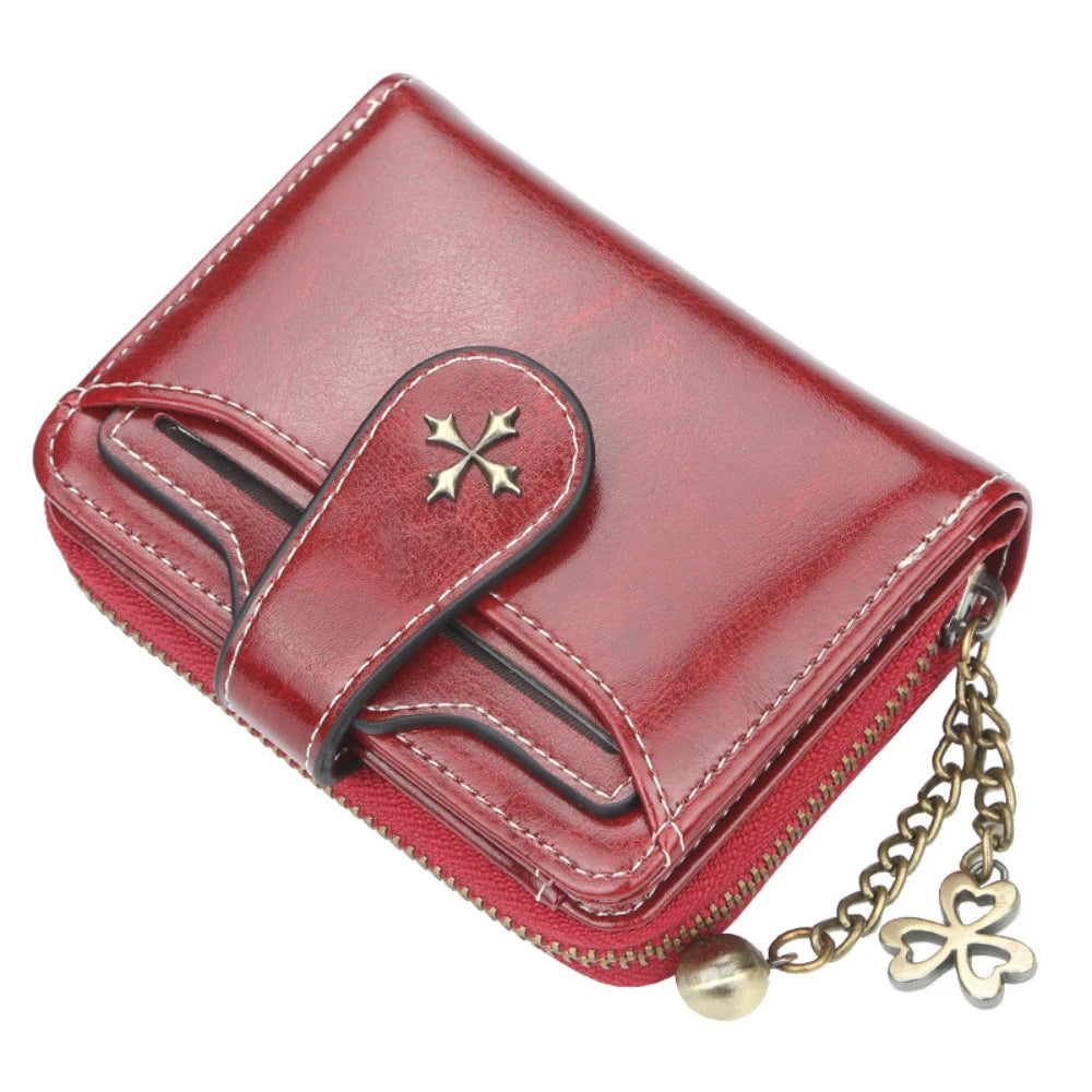 Blocking Oil Wax Leather Women Mini Wallet Multi Card Clover Zipper Coin Purse Portable Ladies Purse Office Travel Daily